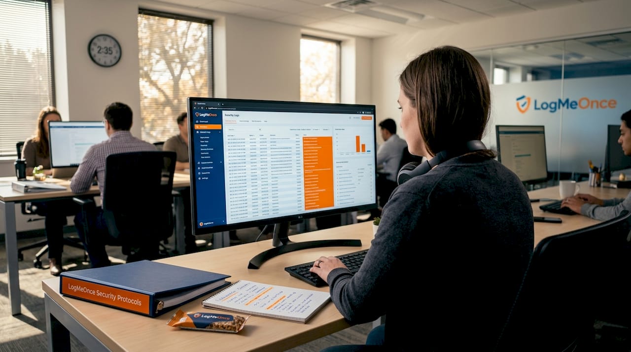 Security analyst monitors compliance in busy office