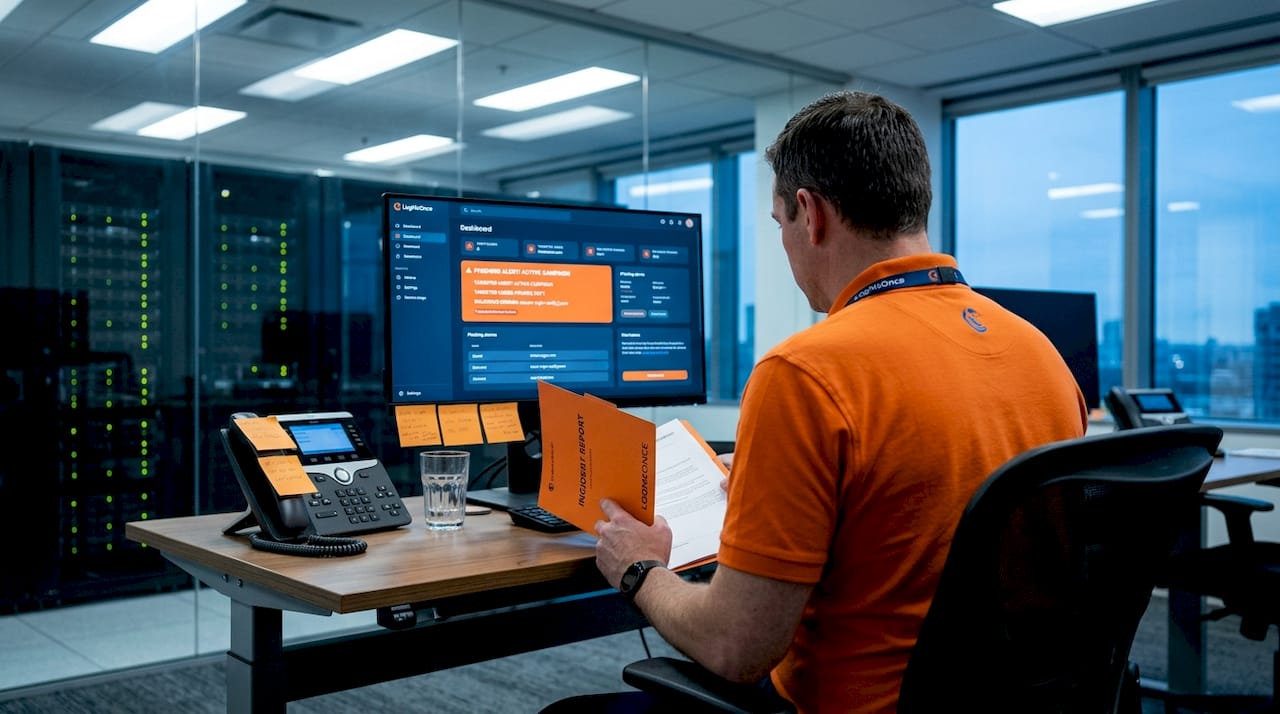 IT specialist reviewing phishing incident report