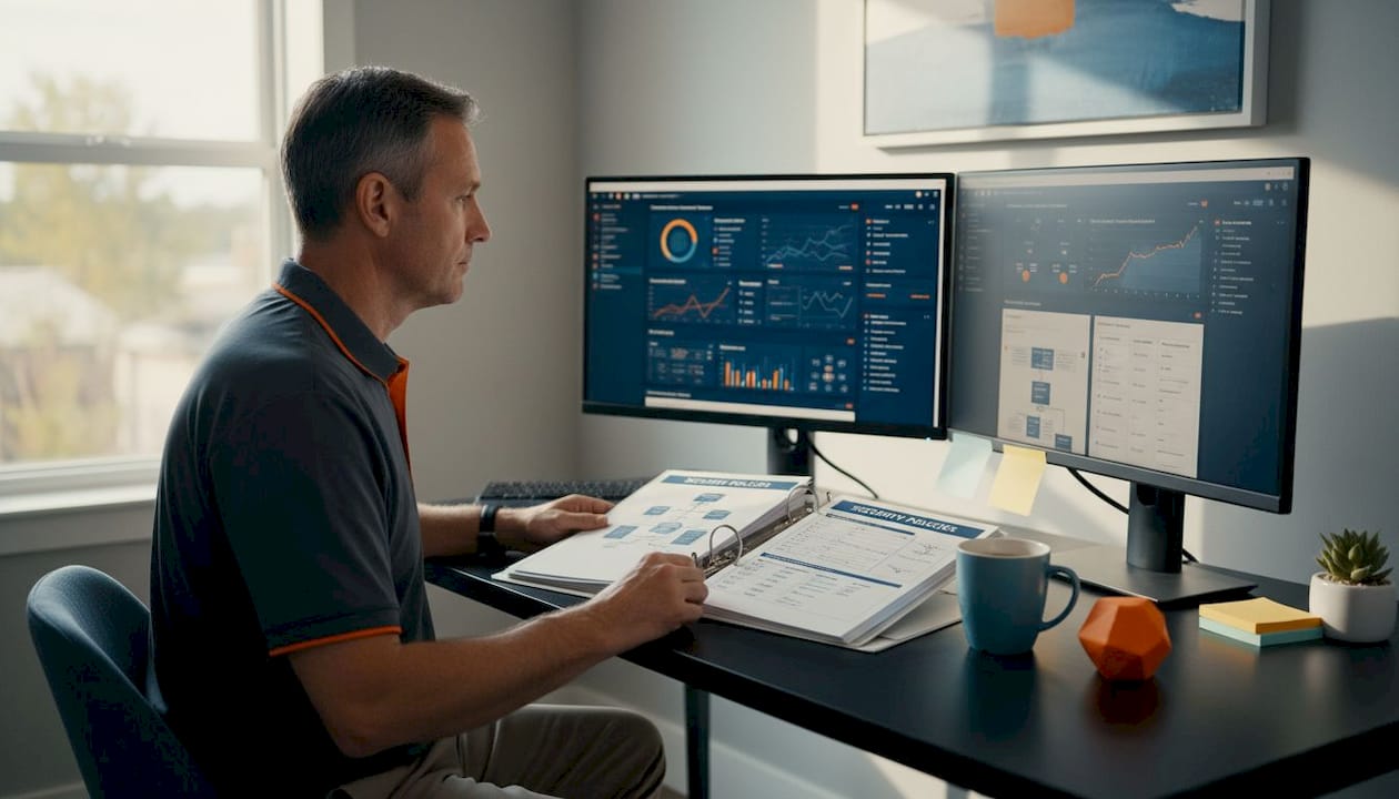 Security manager conducting cloud security audit at desk