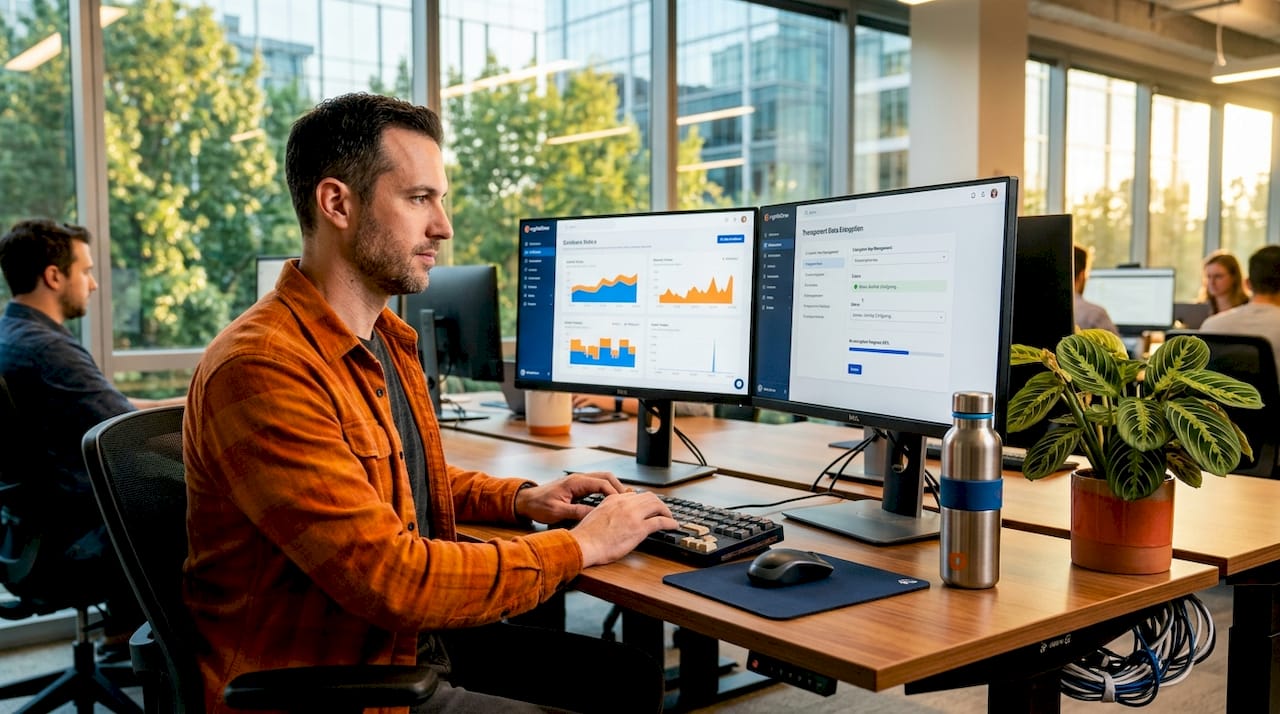 Admin configuring database encryption with messy desk