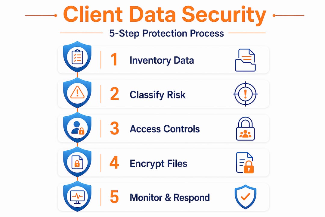 Infographic showing five steps to secure client data