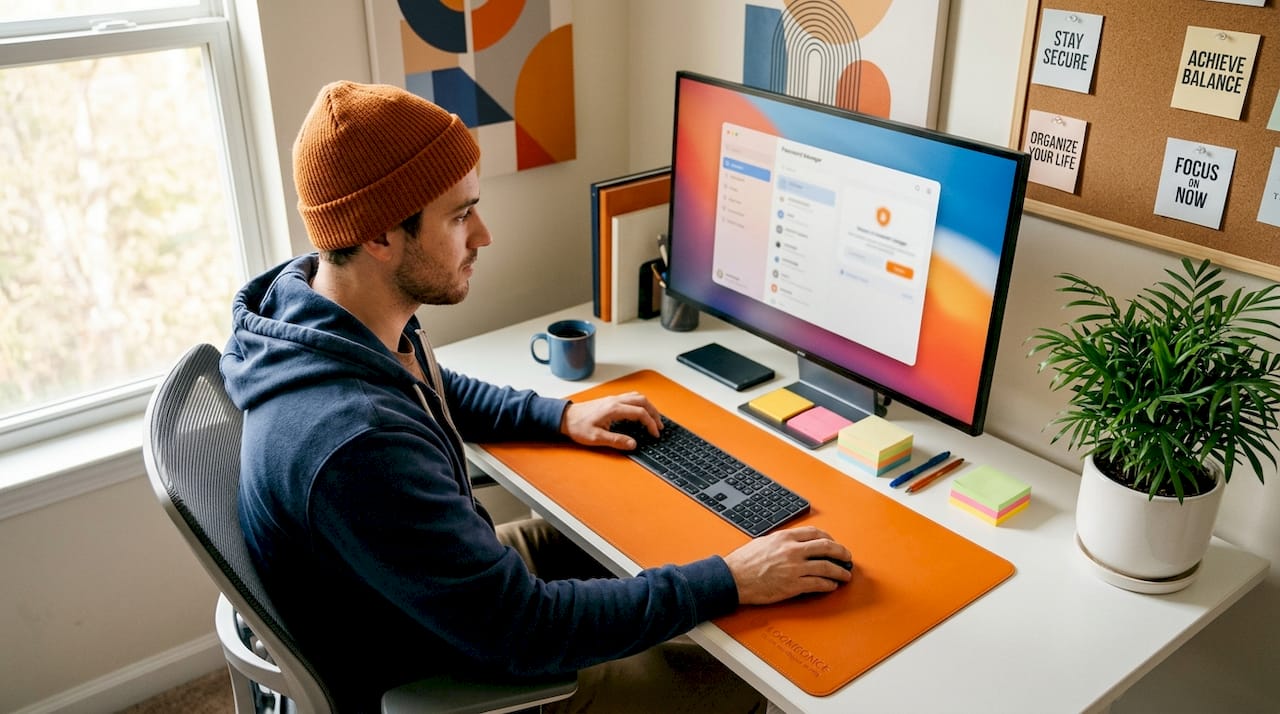 Man updating passwords at home desk