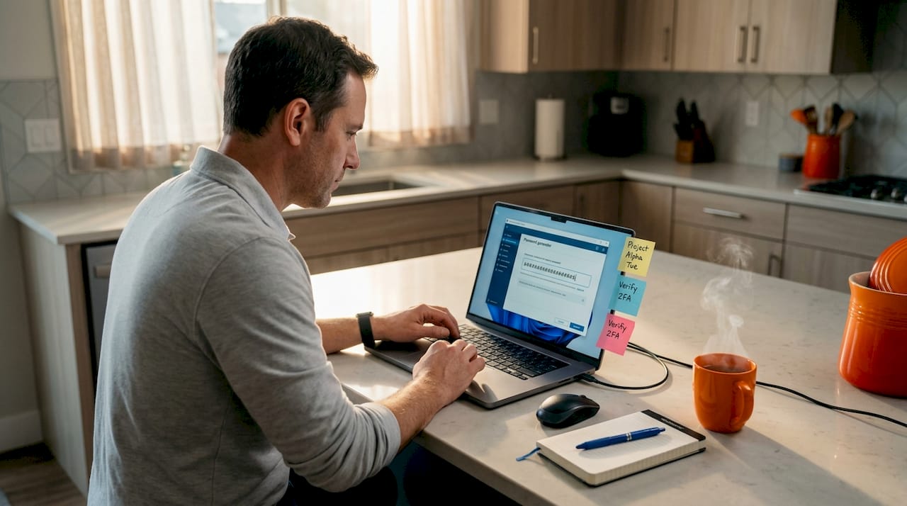 Man generating unique password on kitchen laptop