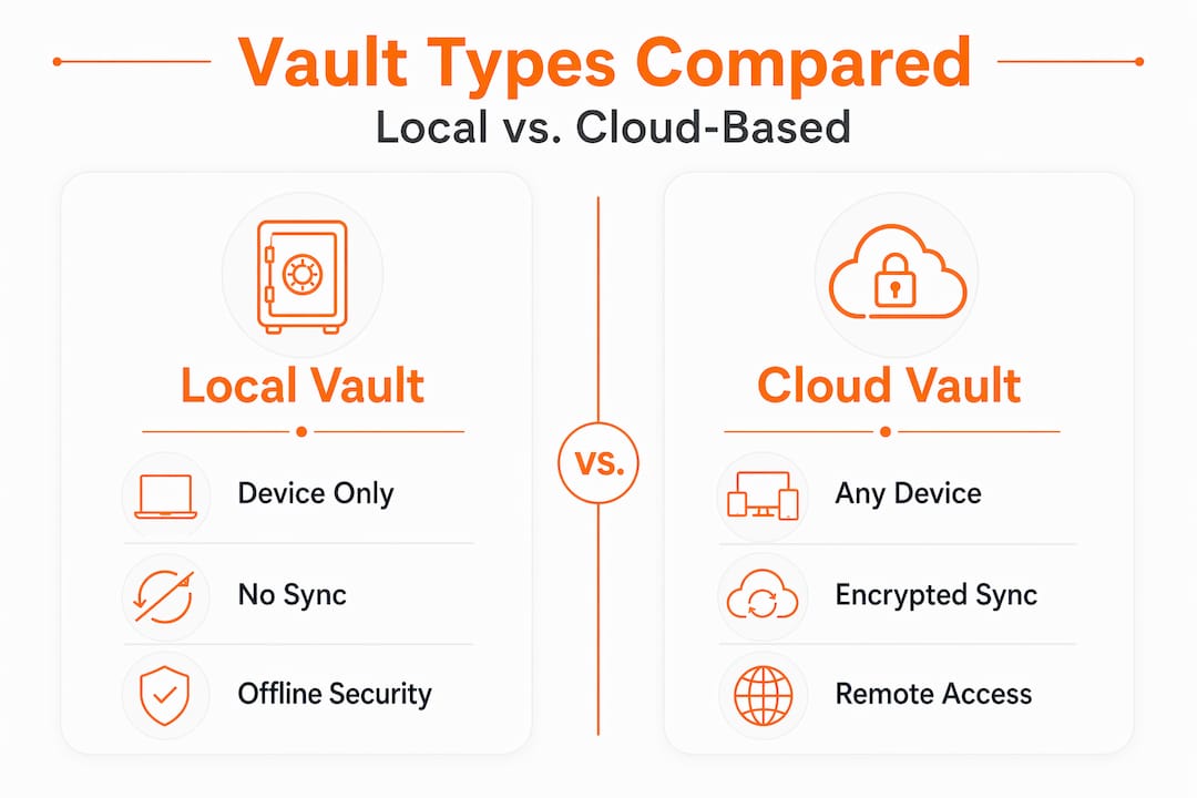 How Does a Password Vault Work: Your 2026 Guide 2 Infographic comparing local and cloud password vaults