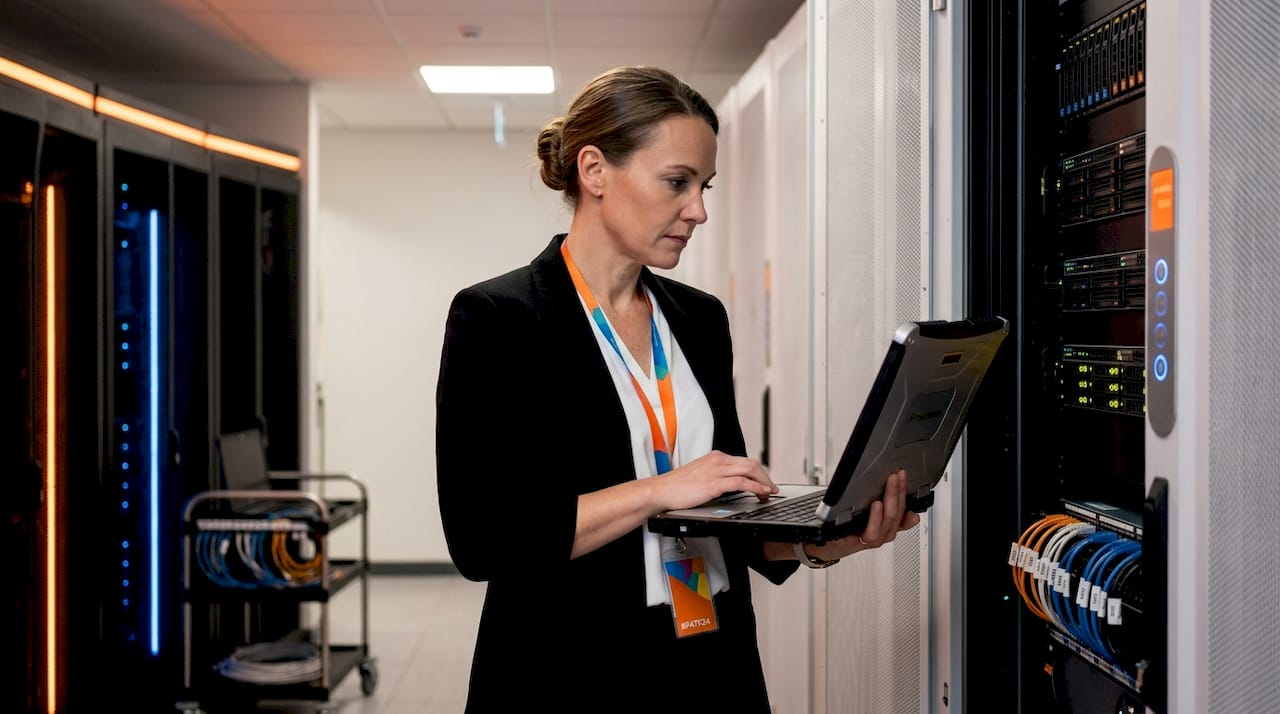 IT administrator monitoring server logs in data center