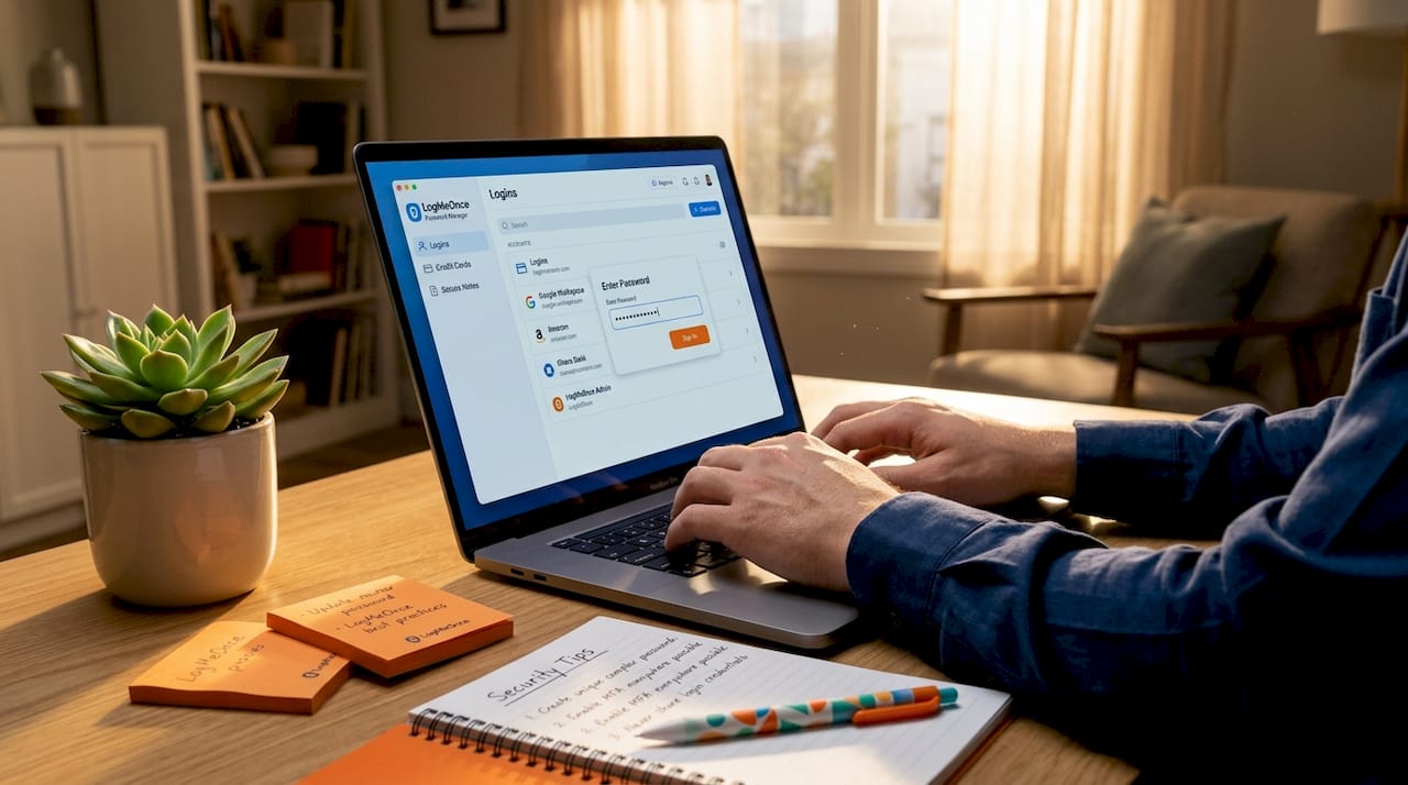 Secure Account Management: What Professionals Need to Know 1 Hands typing a strong password into a password manager