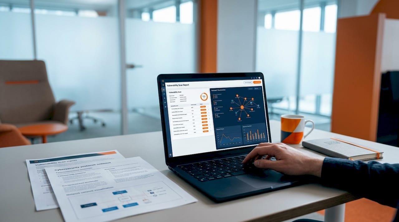 Hands using laptop displaying security scan tools