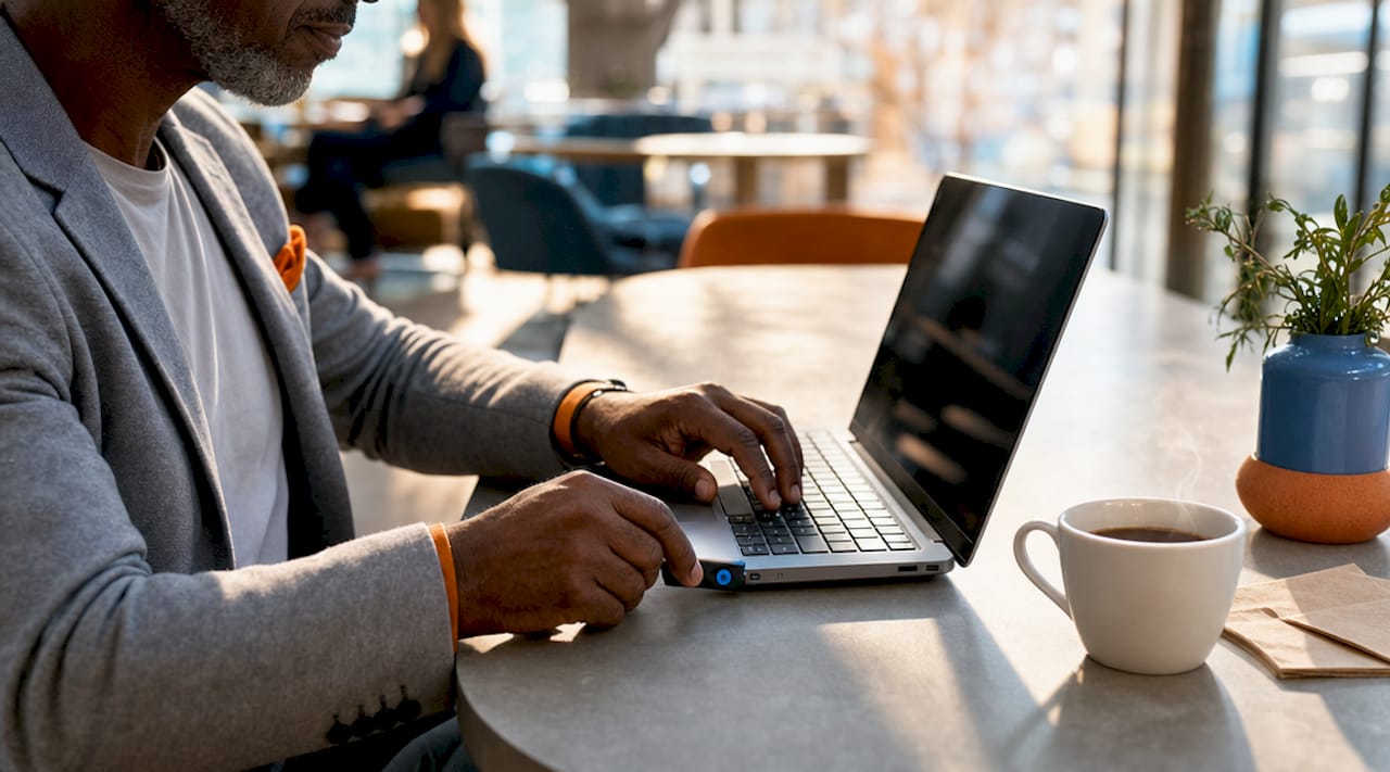 Hands using hardware security key at desk