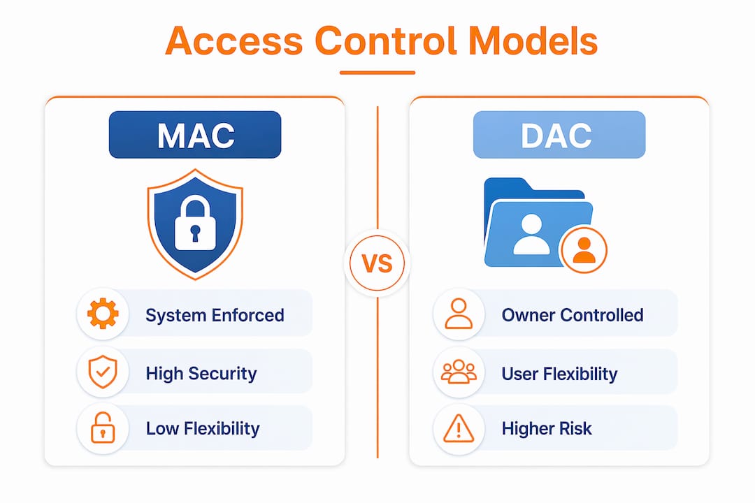 Types of Access Management: A 2026 Guide for IT Pros 2 Infographic comparing MAC and DAC access control models