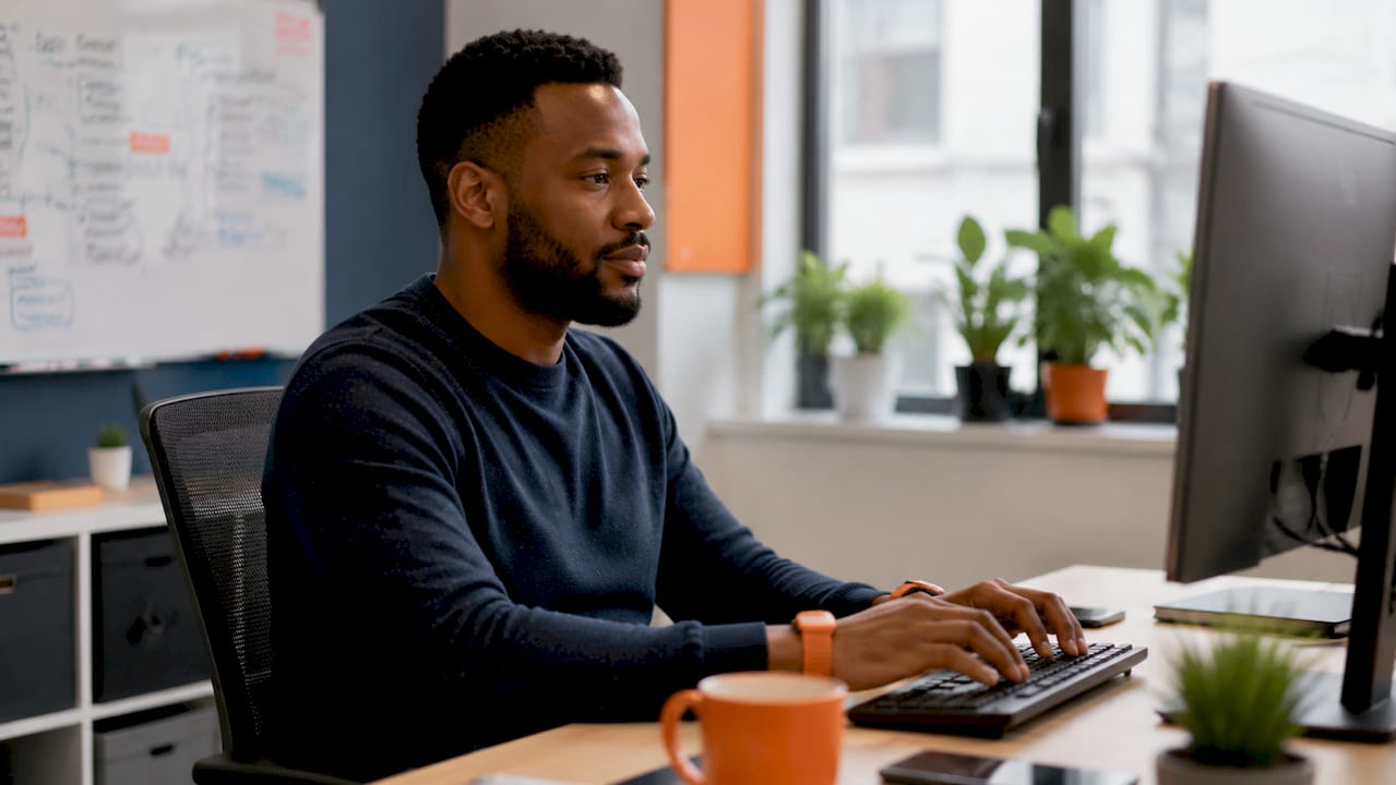 IT analyst monitoring security systems at workstation
