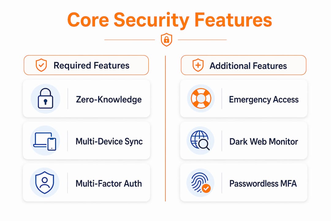 What Is a Good Password Manager? Your 2026 Guide 2 Infographic comparing core and additional password manager features