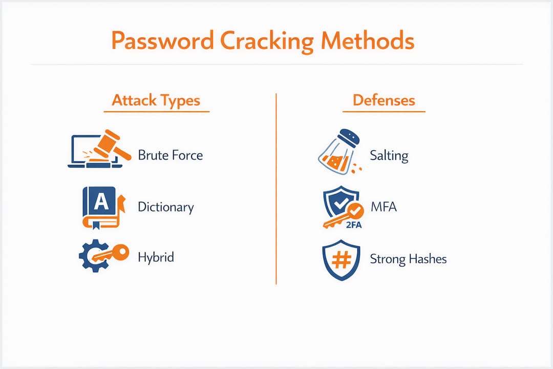 Infographic contrasting password cracking methods with defenses