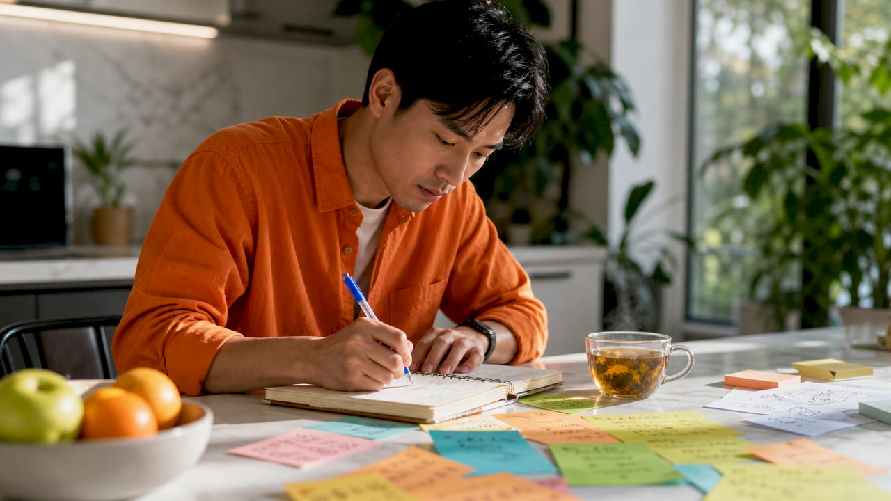 Hands writing random passwords notes on desk