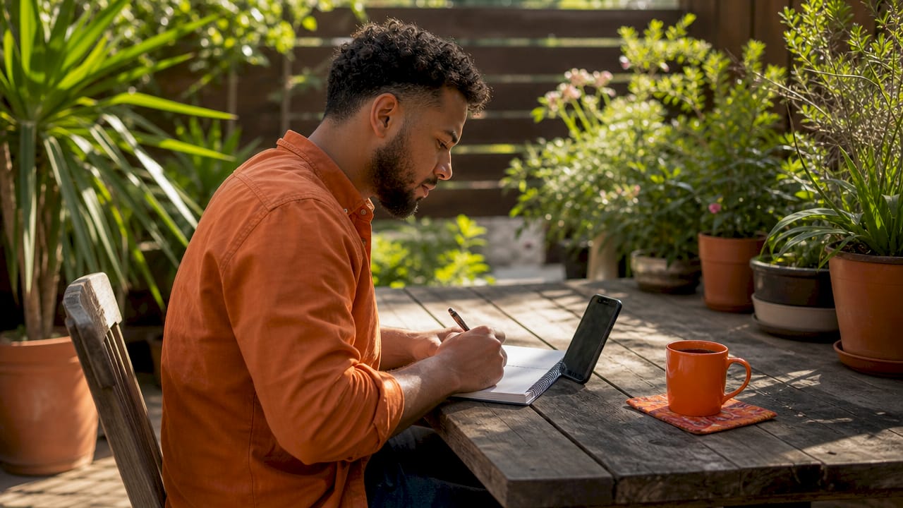 Hands working on password notes with phone nearby