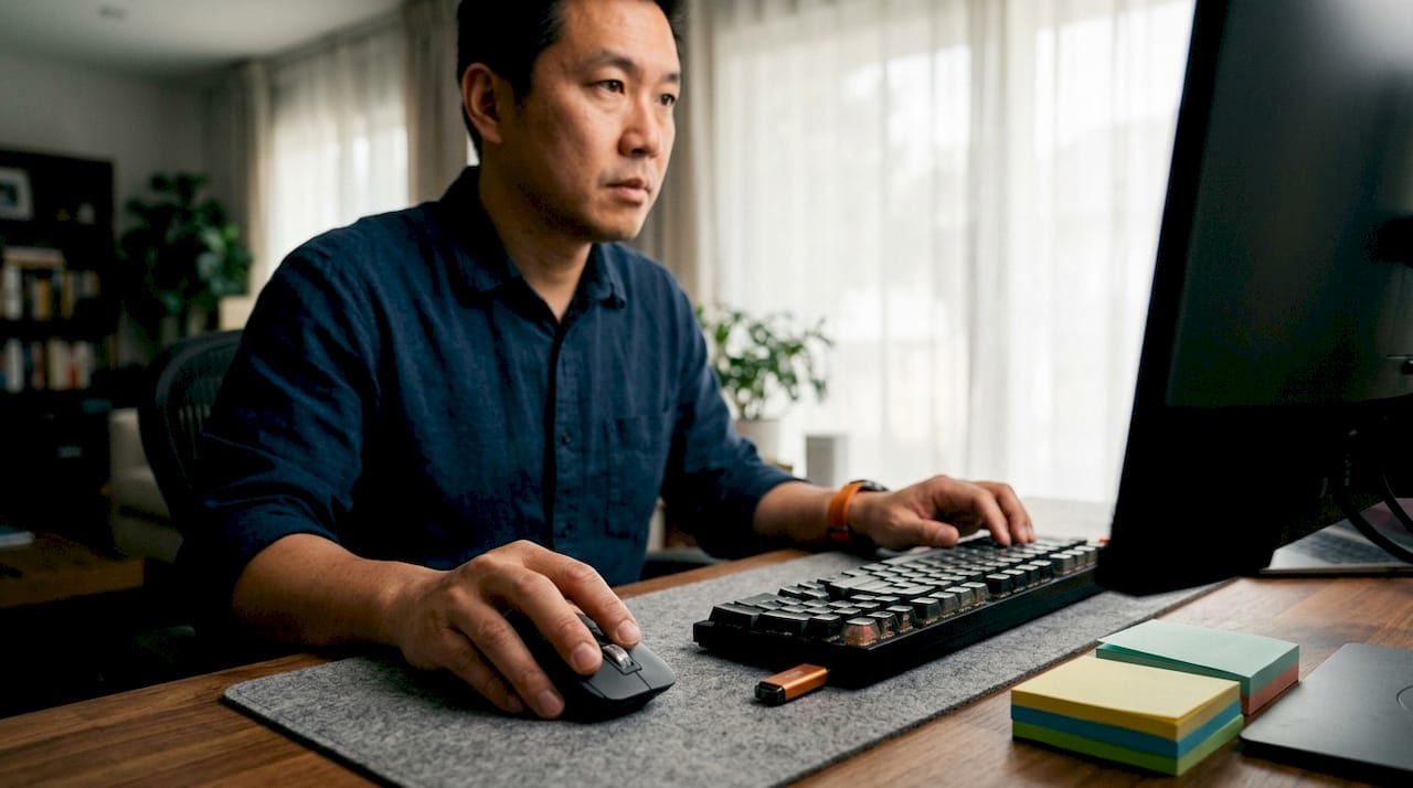 How Password Generators Work: A Plain-English Guide 1 Close-up of hands on mouse and keyboard for entropy input