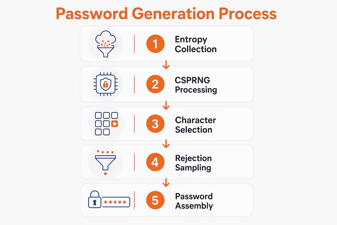 How Password Generators Work: A Plain-English Guide 2 Infographic illustrating steps of password generation process