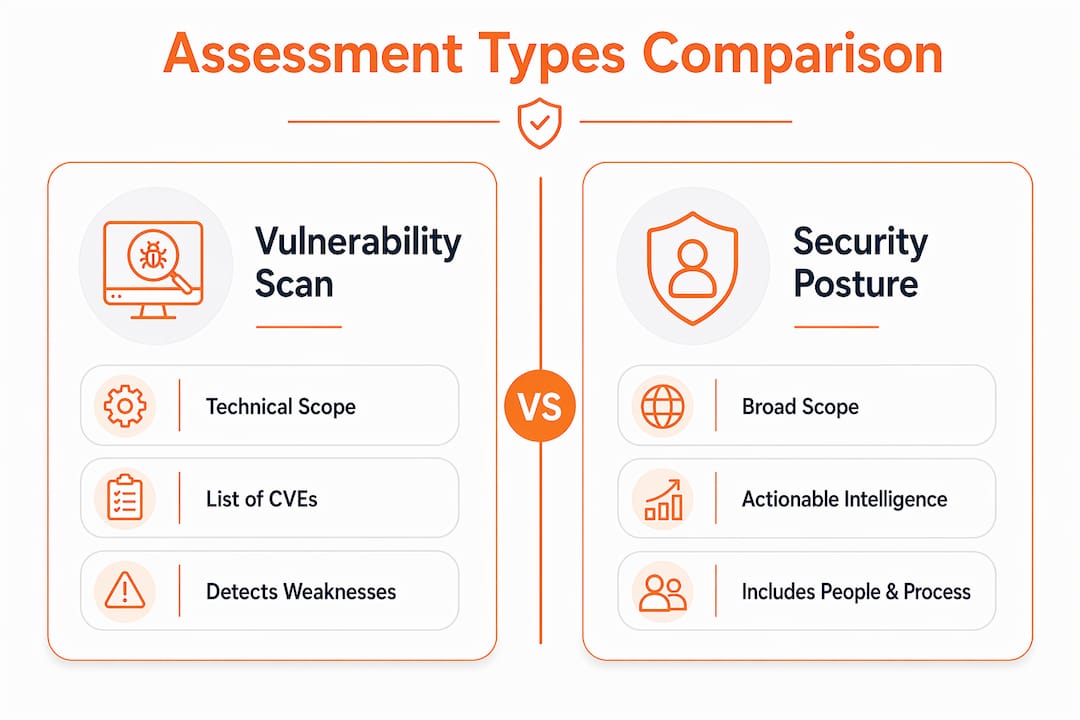 Security Posture Assessment: A 2026 Guide for IT Leaders 1 Infographic comparing vulnerability scan and security posture assessment