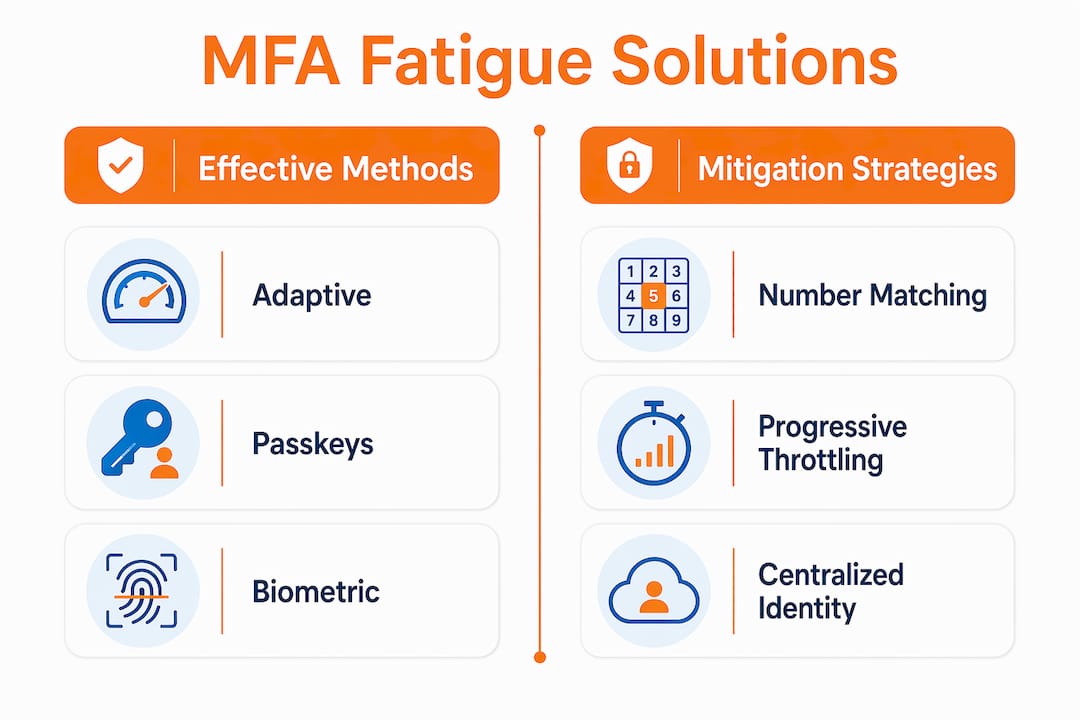 Understanding Authentication Fatigue: A Guide for IT Pros 2 Infographic comparing MFA fatigue solutions and mitigation strategies