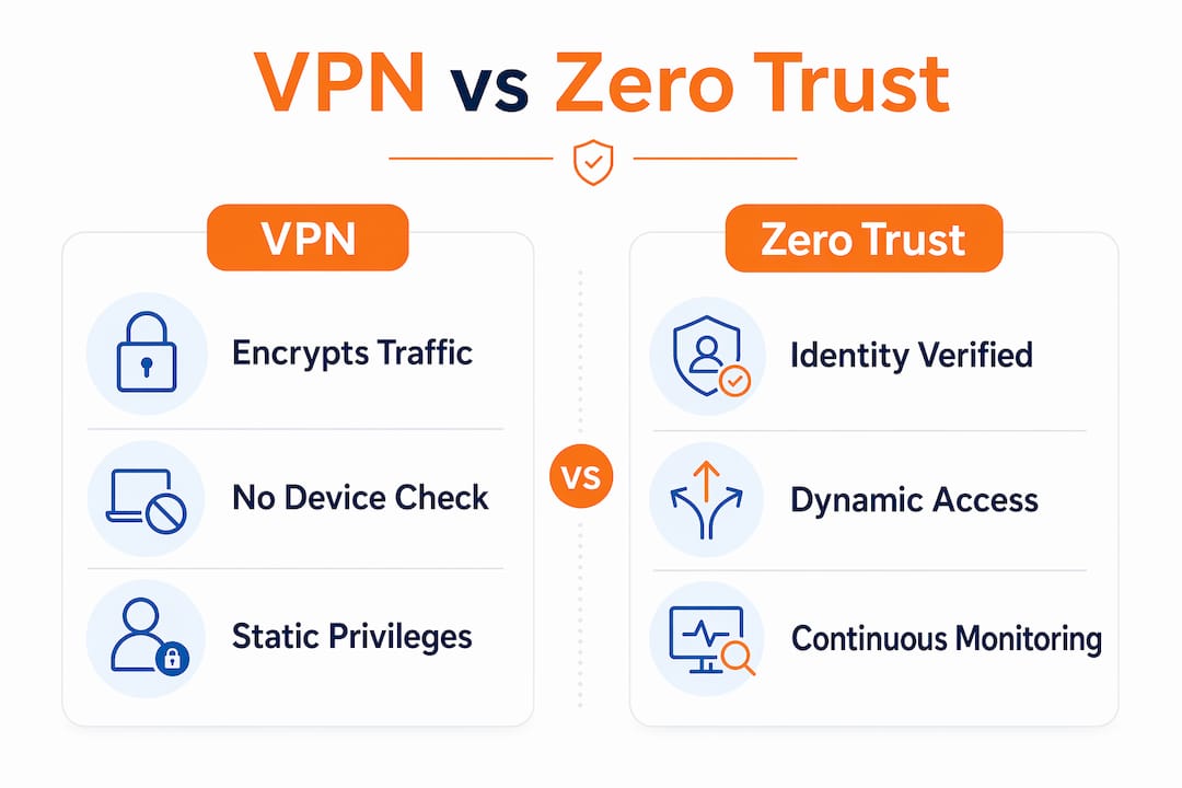 Is Secure Remote Access Safe for Your Organization? 2 Comparison infographic of VPN and Zero Trust security
