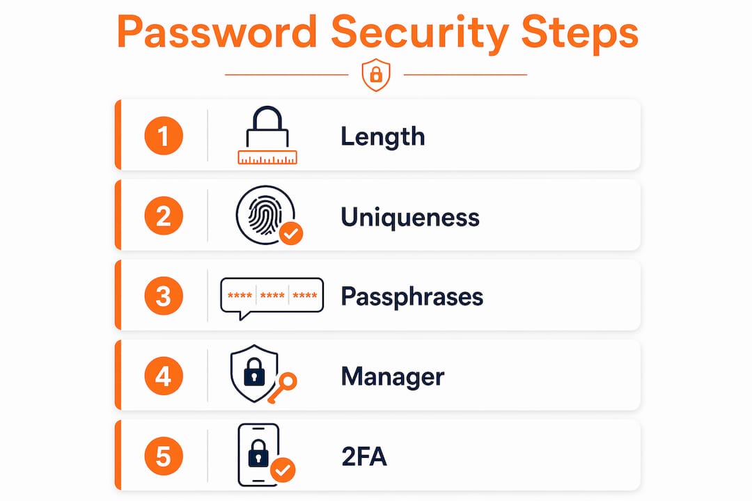 Password Security Best Practices: Your 2026 Guide 2 Infographic with password security best practice steps