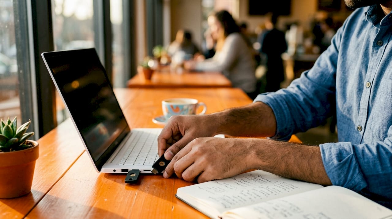How to Secure Identity Online: A 2026 Guide 1 Man using hardware security key with laptop
