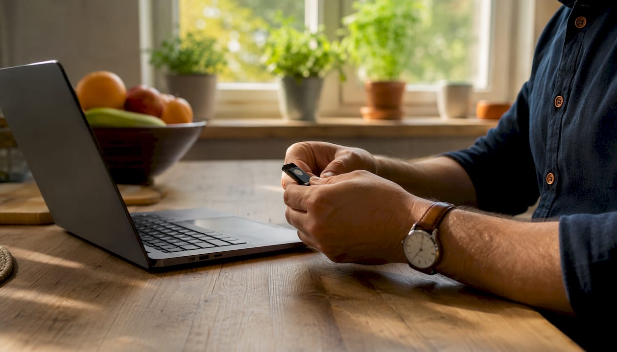 How to Set Up MFA: A Practical Step-by-Step Guide 1 Hands holding FIDO2 hardware key next to laptop keyboard