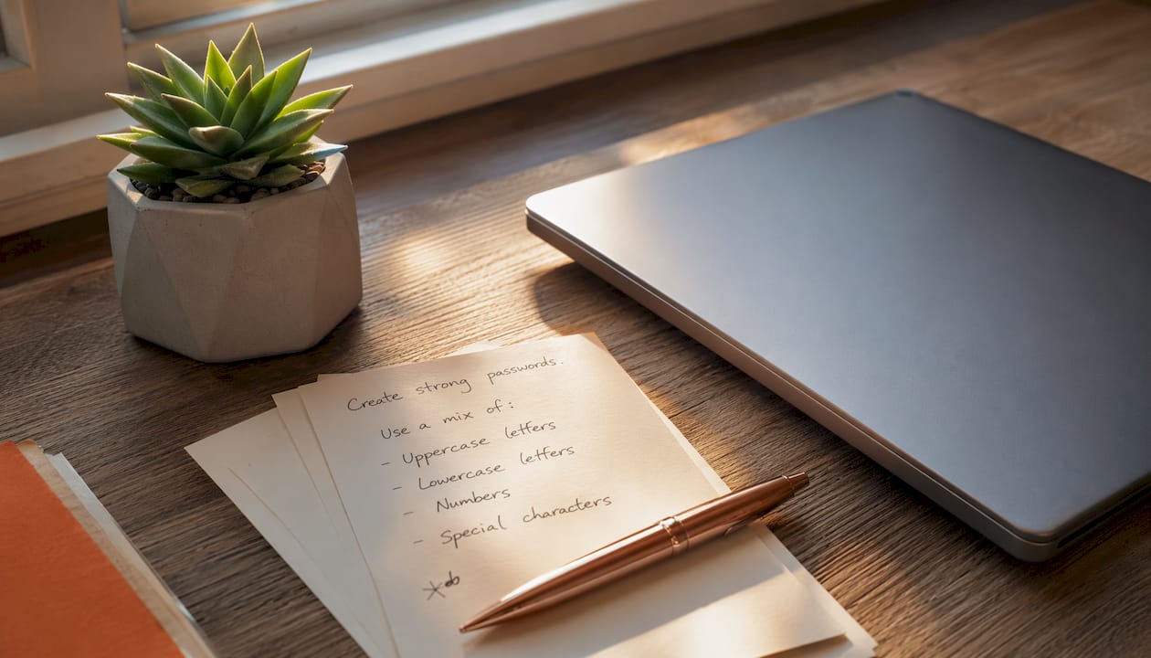 Strong Password Examples With Letters, Numbers, and Special Characters 2 Handwritten password creation notes on desk