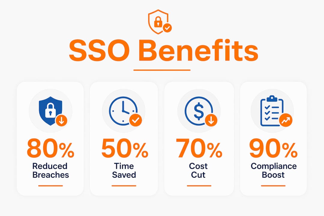 Benefits of Single Sign-On for IT and Business Teams 1 Infographic showing SSO benefits with key statistics