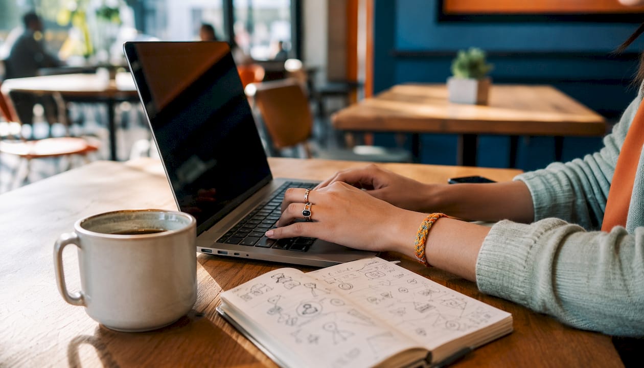 Hands typing on laptop in home office