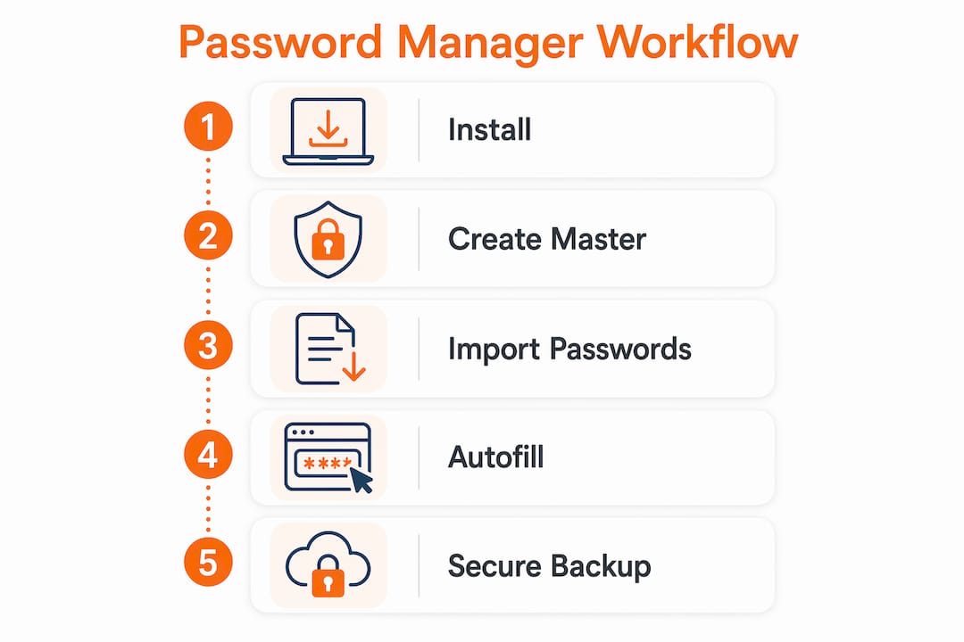 Infographic illustrating password manager workflow steps