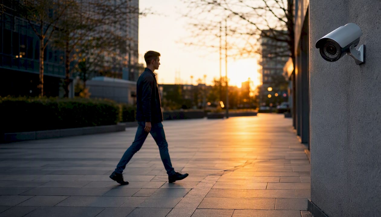 Biometric Authentication Methods: A Practical Security Guide 2 Surveillance camera capturing person's gait outdoors