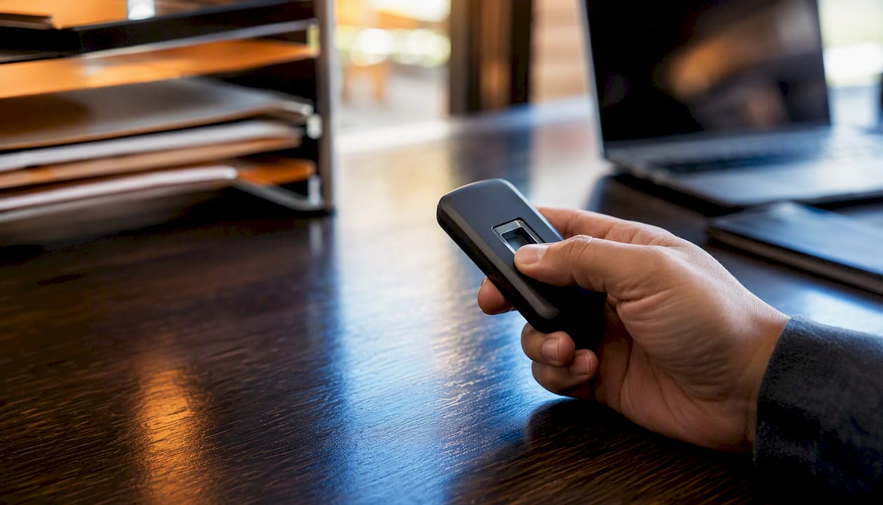 Hand holding biometric fingerprint security device