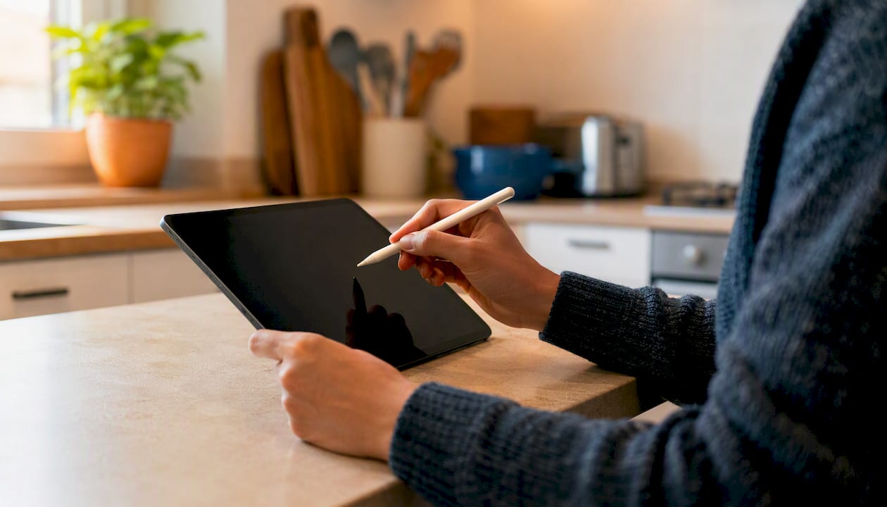 Hands writing strong password passphrase with stylus