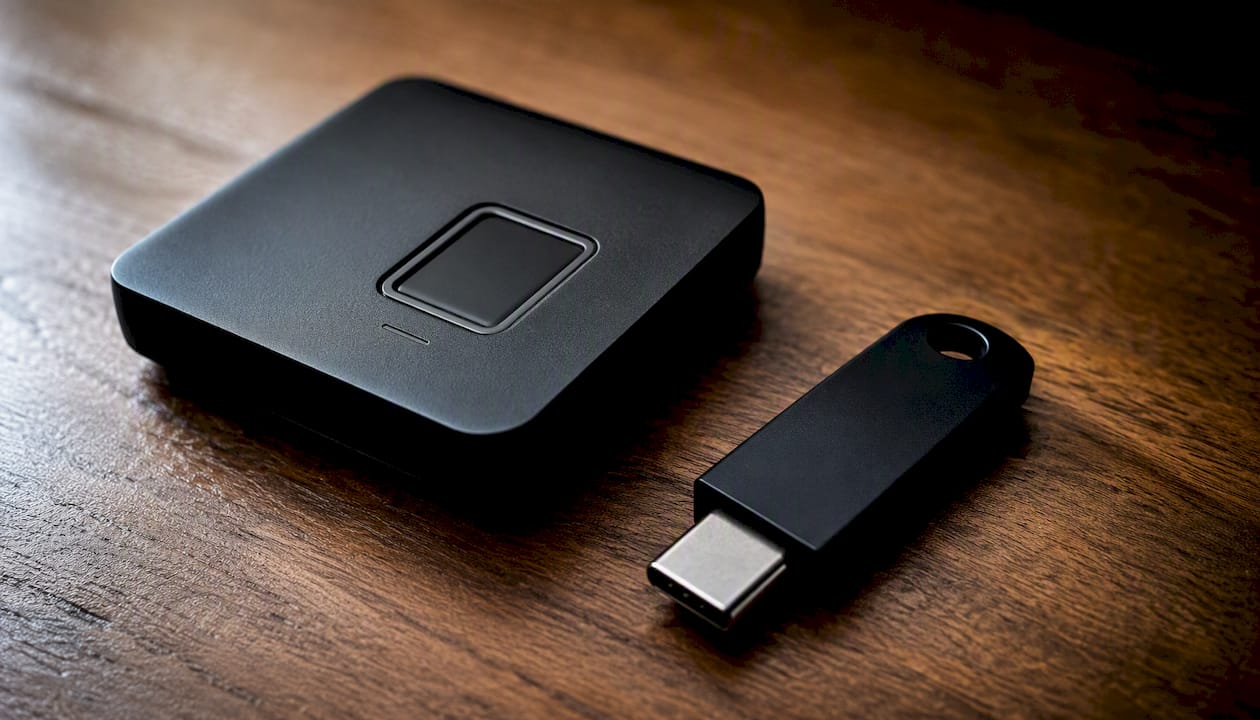 How to Set Up Biometric Login for Enterprise Passwordless Access 1 Close-up of fingerprint scanner and hardware security key