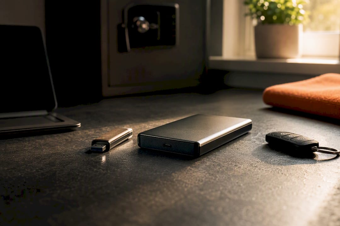 Secure Online Accounts With One System, Not 50 Habits 2 Encrypted backup drives on clean desk