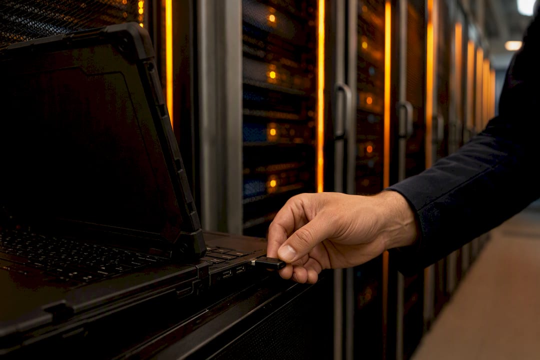 Admin hand inserting FIDO2 key into laptop