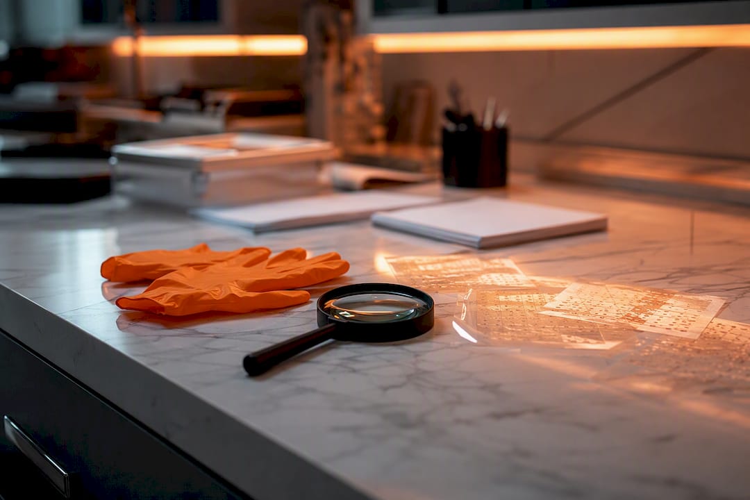 Forensic tools and digital data sheets on table