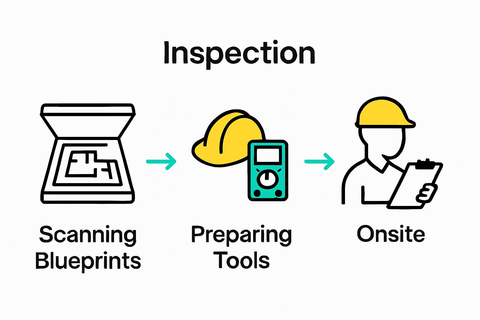 Three-step construction inspection process icons with arrows