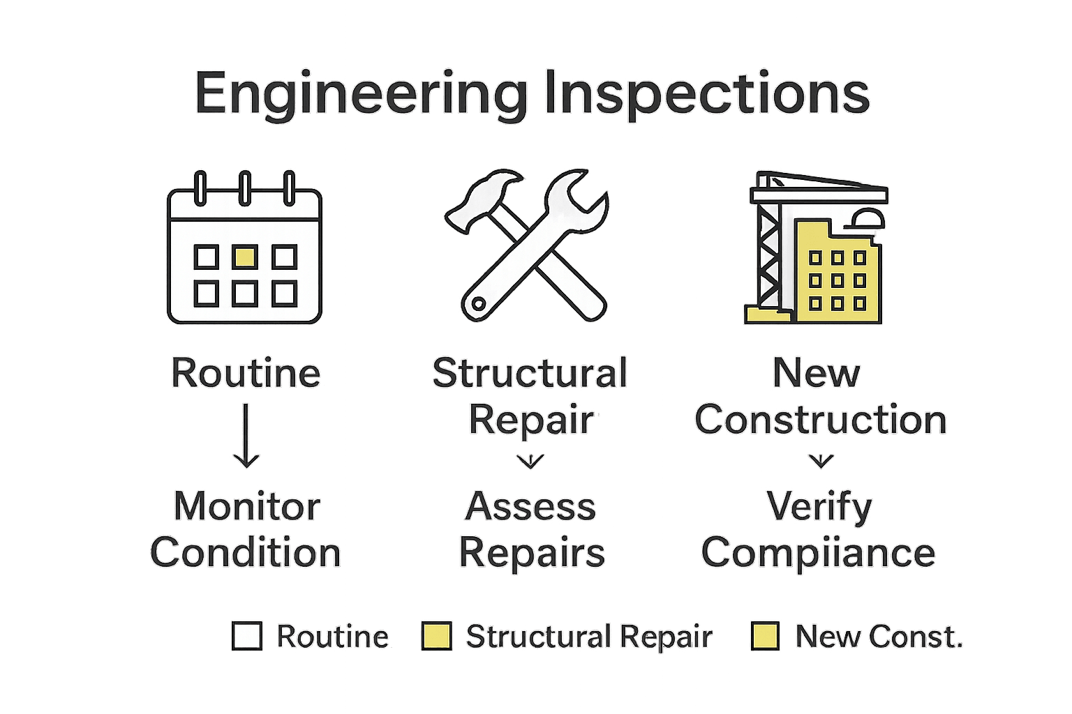 Comparison of routine, repair, and new construction inspections showing icons and main purposes.