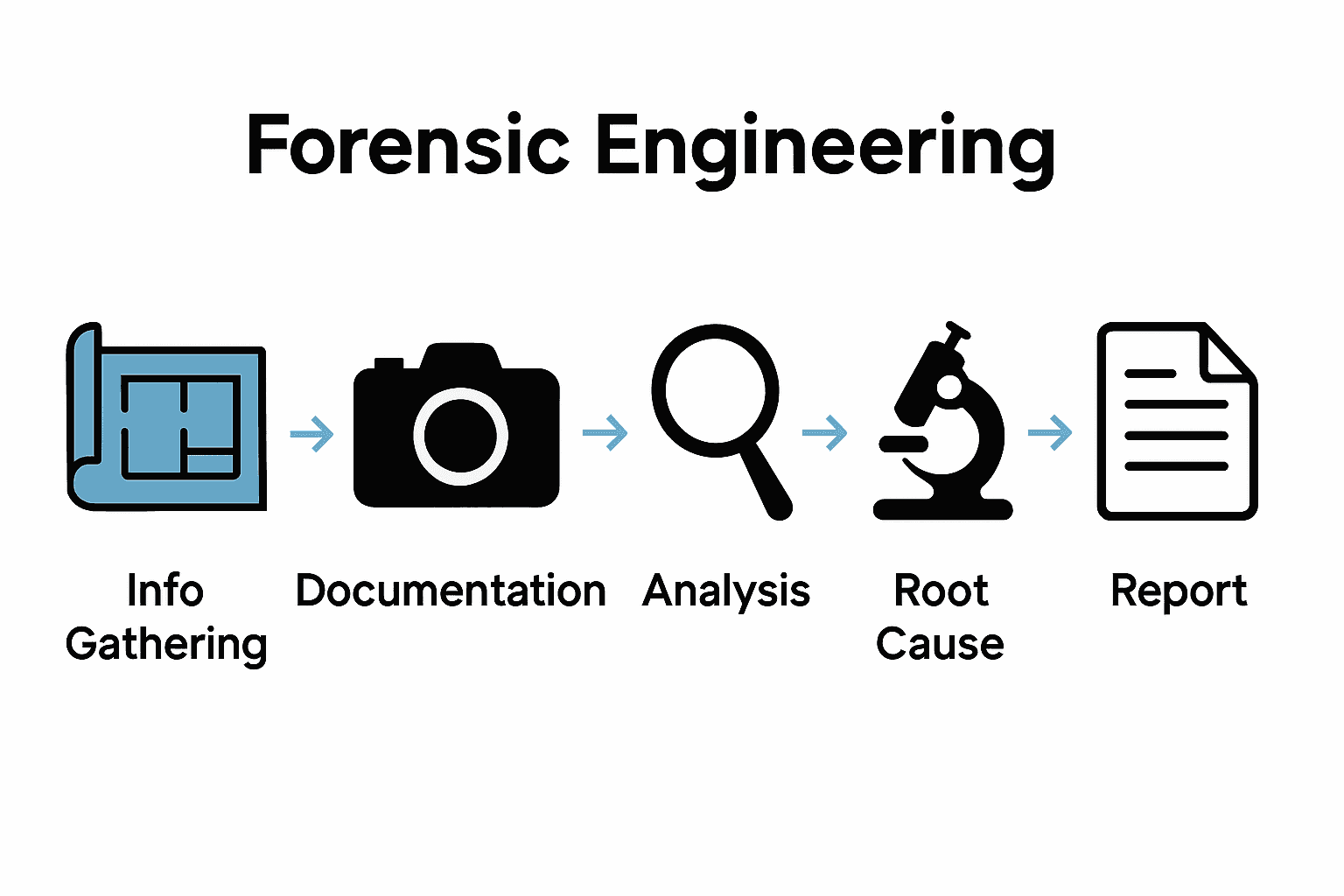Five-step forensic engineering process illustrated with icons and arrows.
