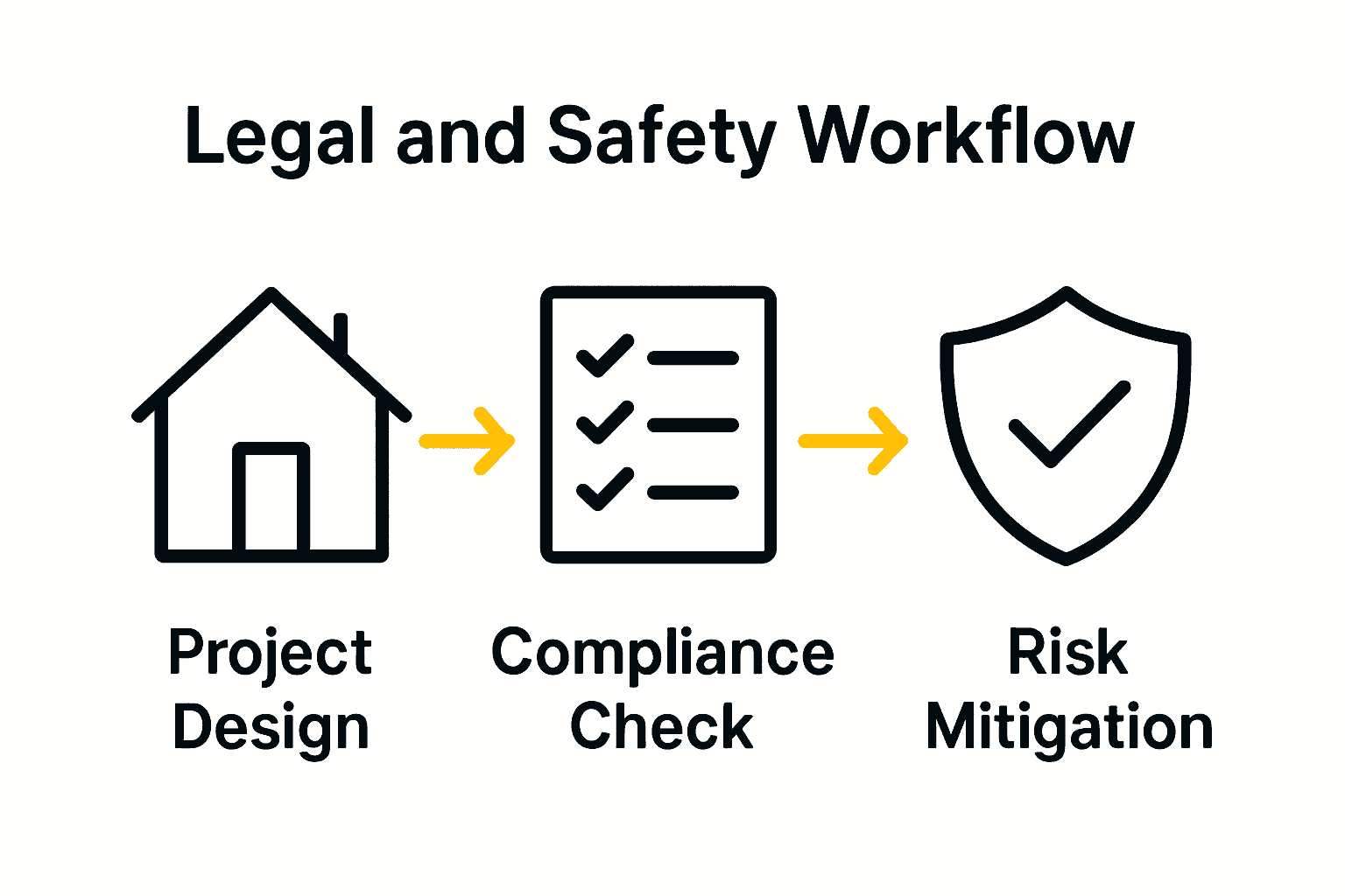 Infographic showing house, checklist, shield icons linked for residential engineering legal and safety steps.