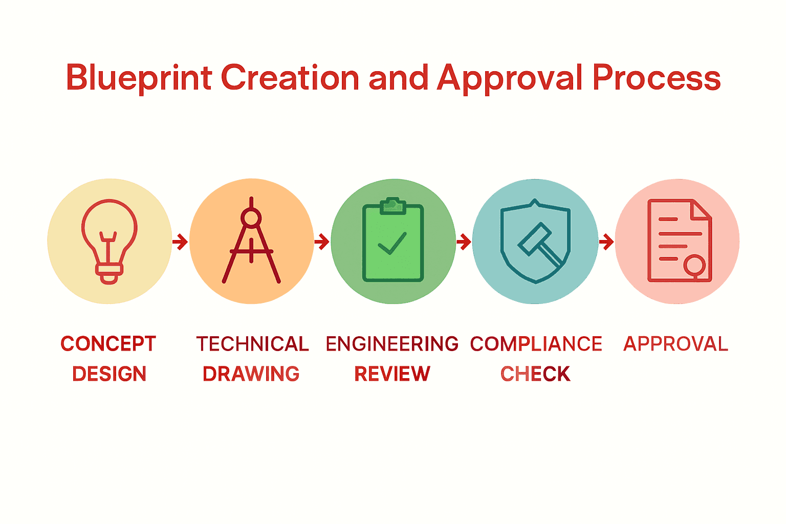 Infographic flowchart of blueprint creation and approval process in residential construction
