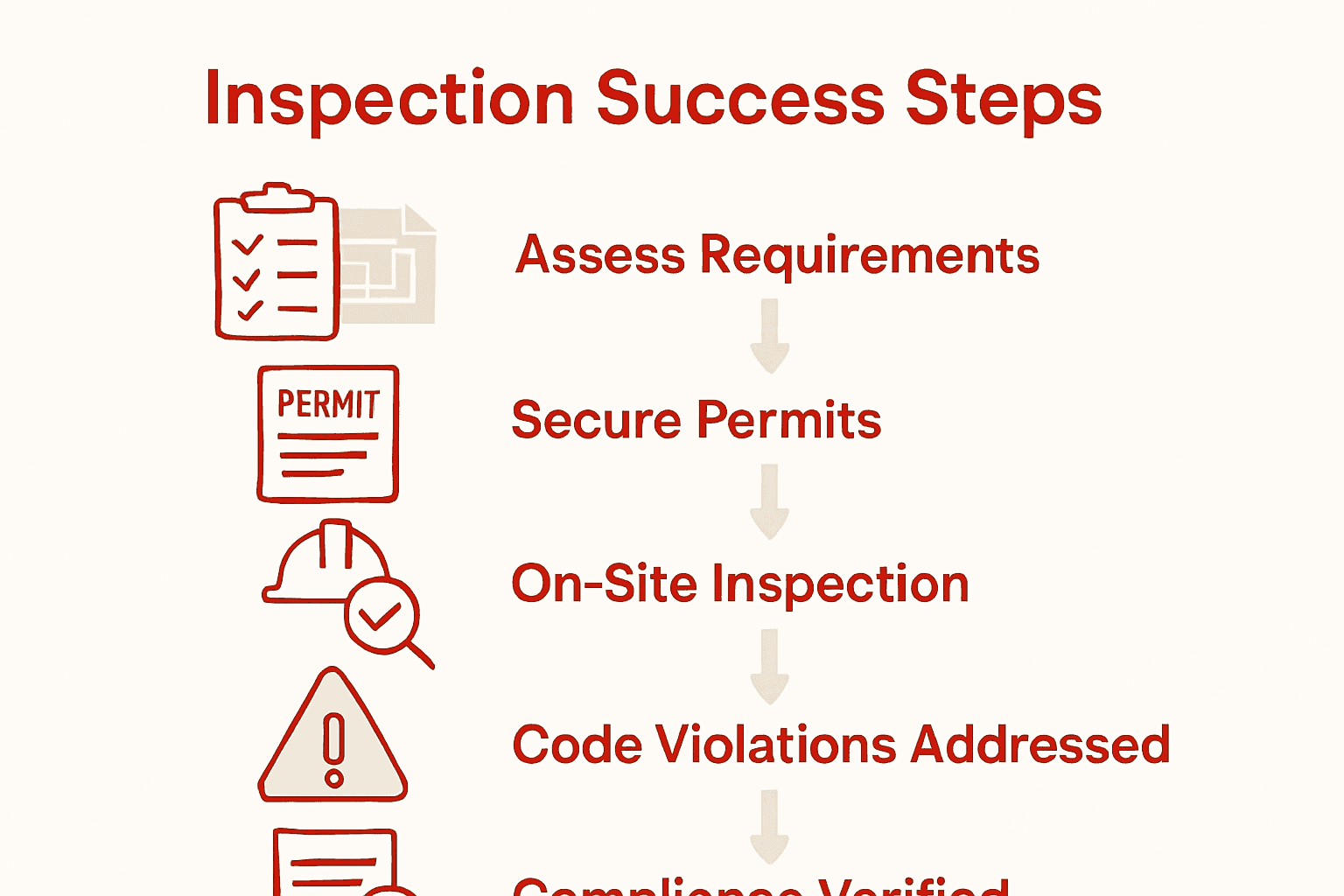 Infographic with five colored icons showing building inspection process steps