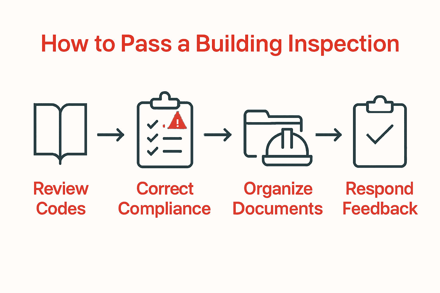 Five-step building inspection process infographic with icons and arrows