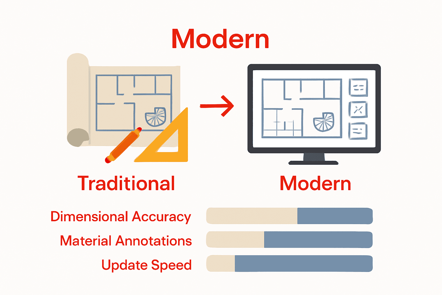 Infographic comparing traditional paper blueprints and modern digital blueprints with icons and chart.