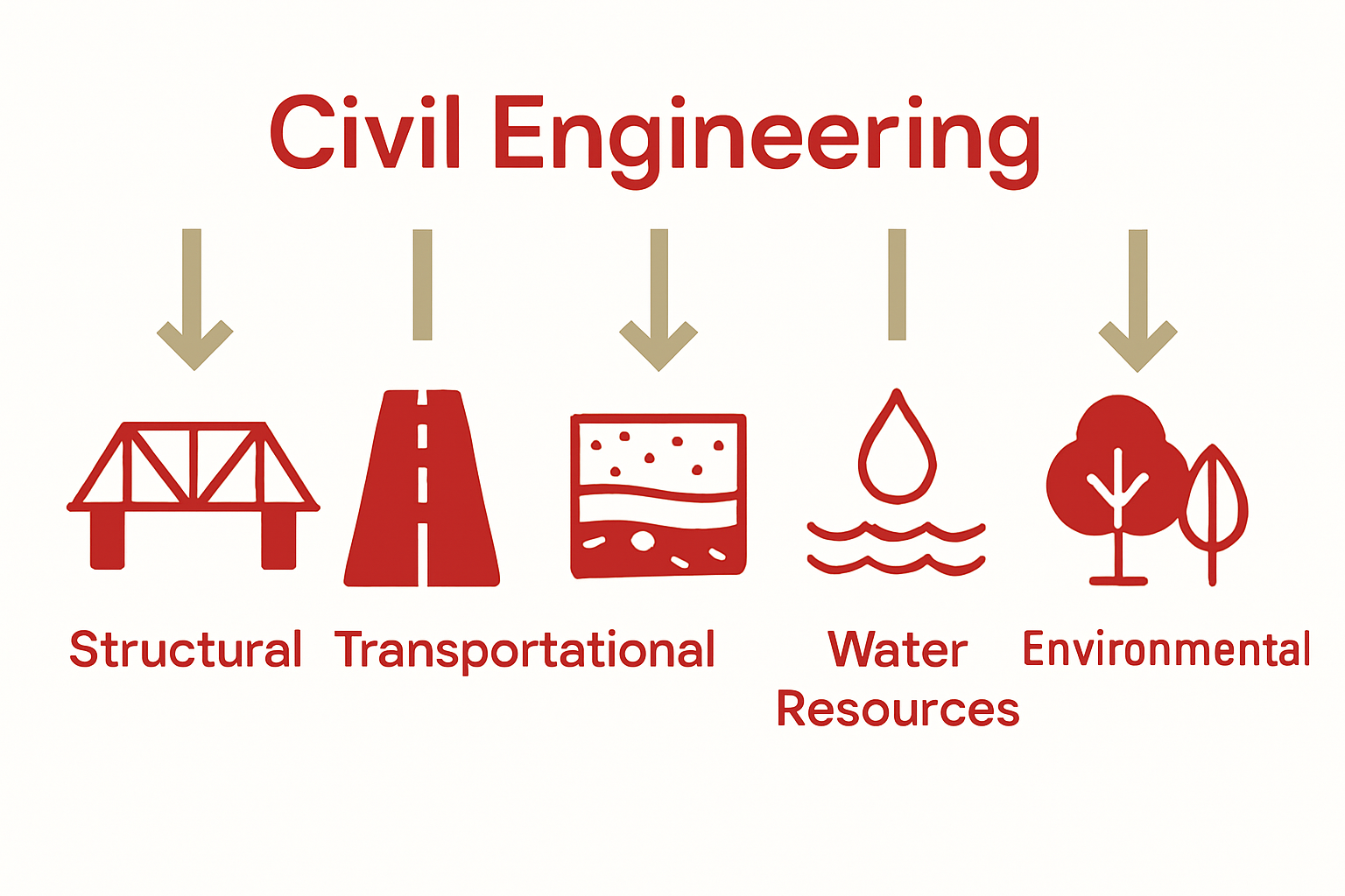 Infographic comparing five major civil engineering disciplines using icons and brief descriptors.
