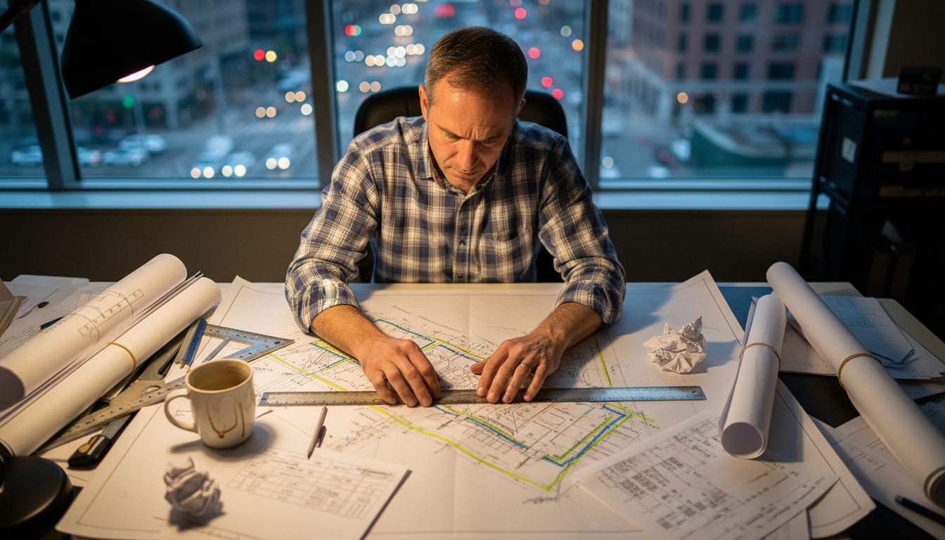 Engineer reviews drainage site plan at desk