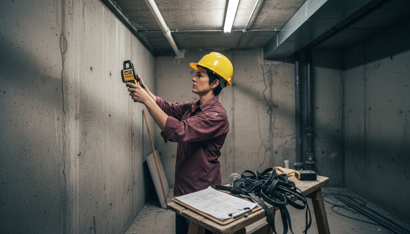 Engineer using diagnostic tools in basement