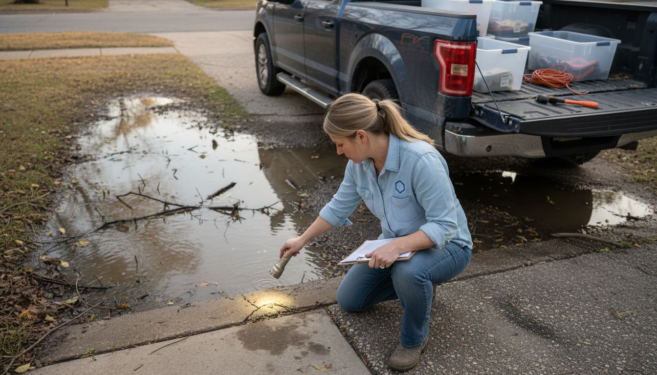 Engineer examines flood-damaged Texas home foundation