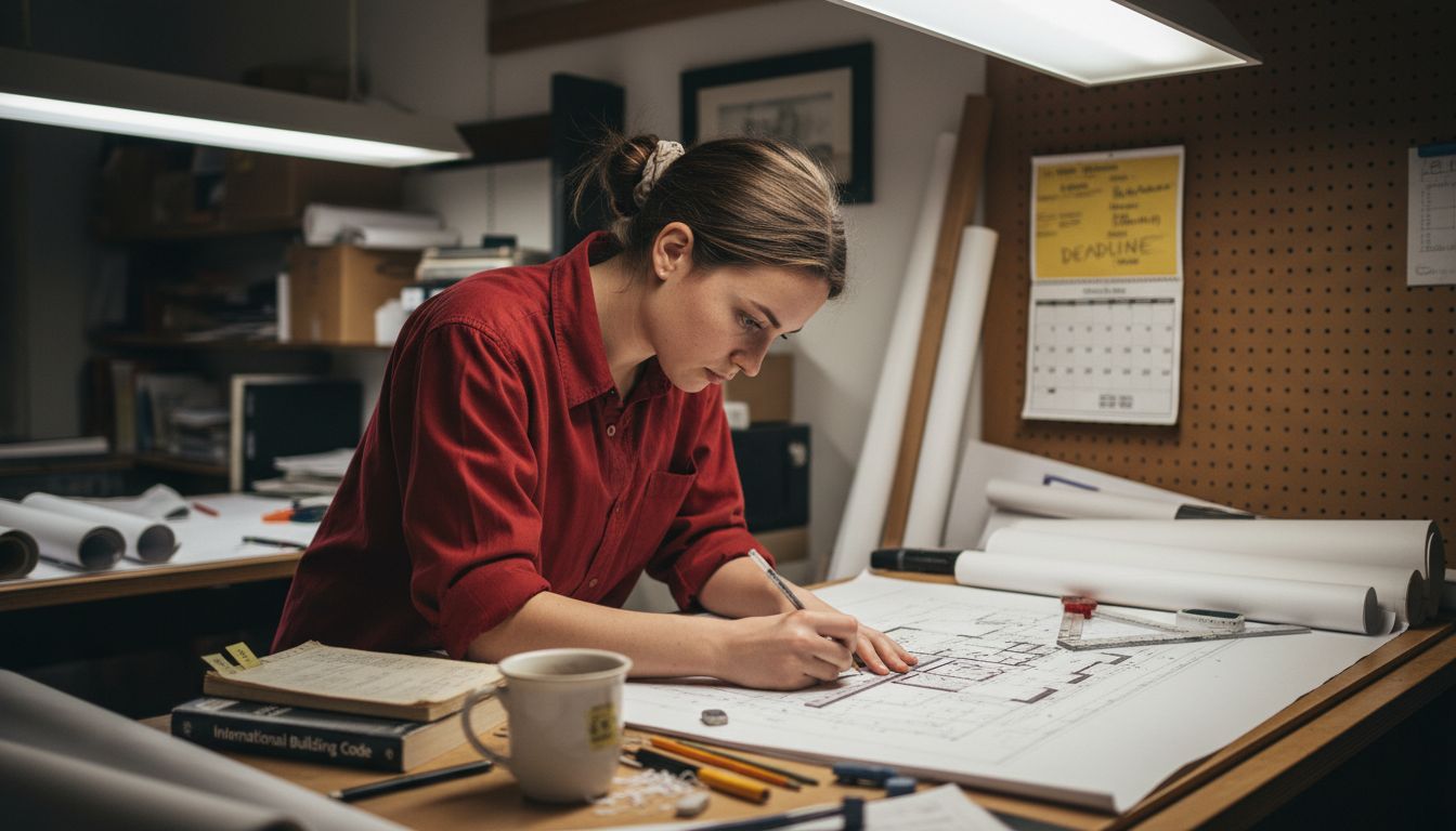 Drafting table with architectural floor plans